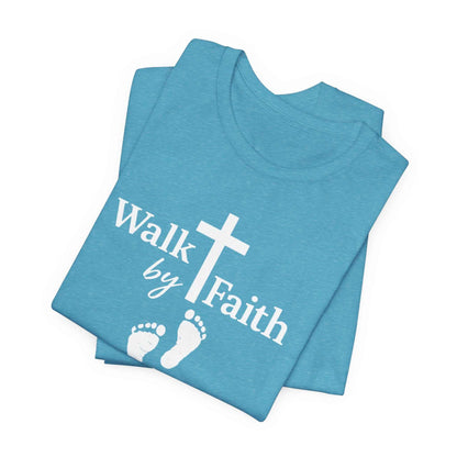 Walk by Faith T-Shirt - Christian Cross Design with Footprints Faith Tee