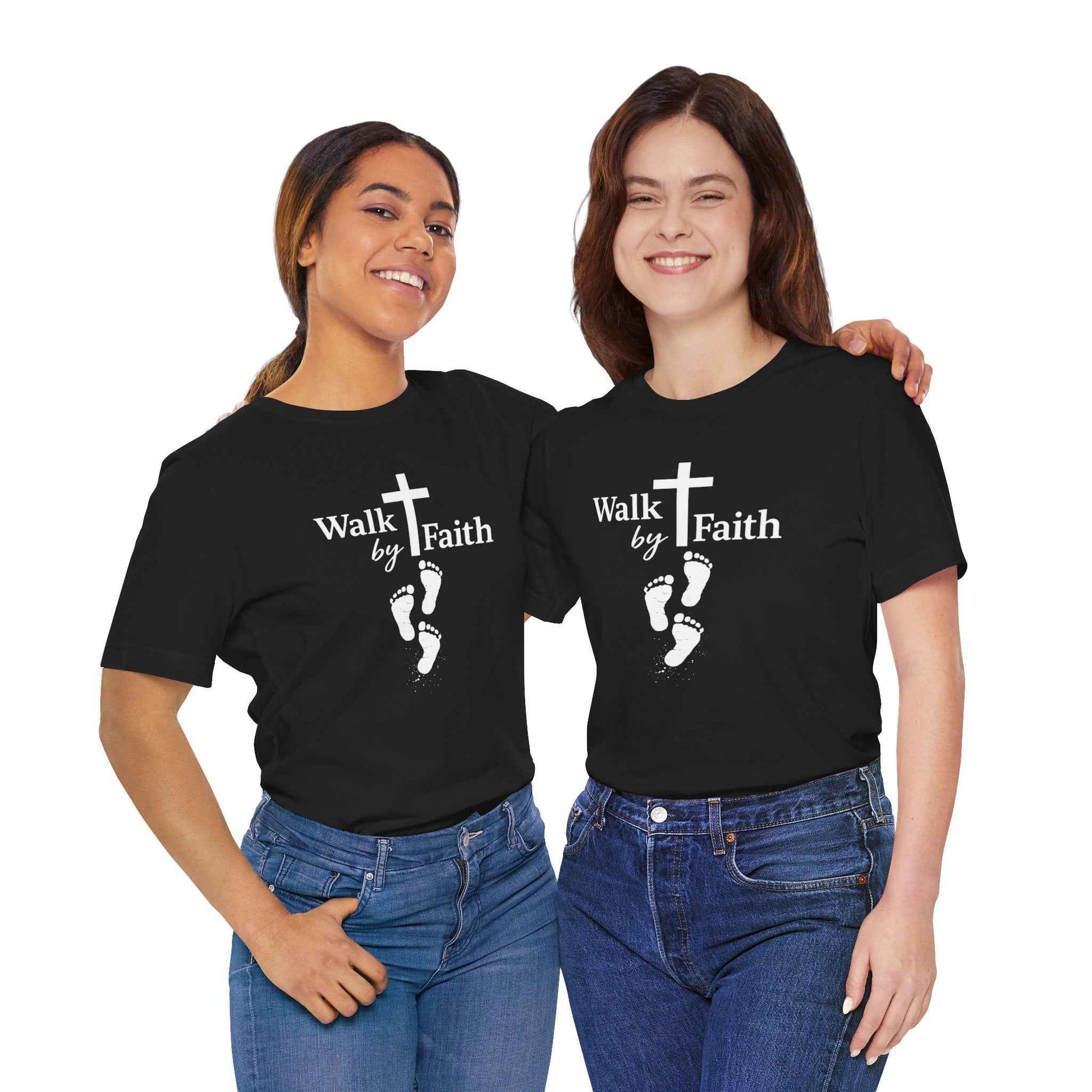 Walk by Faith T-Shirt - Christian Cross Design with Footprints Faith Tee