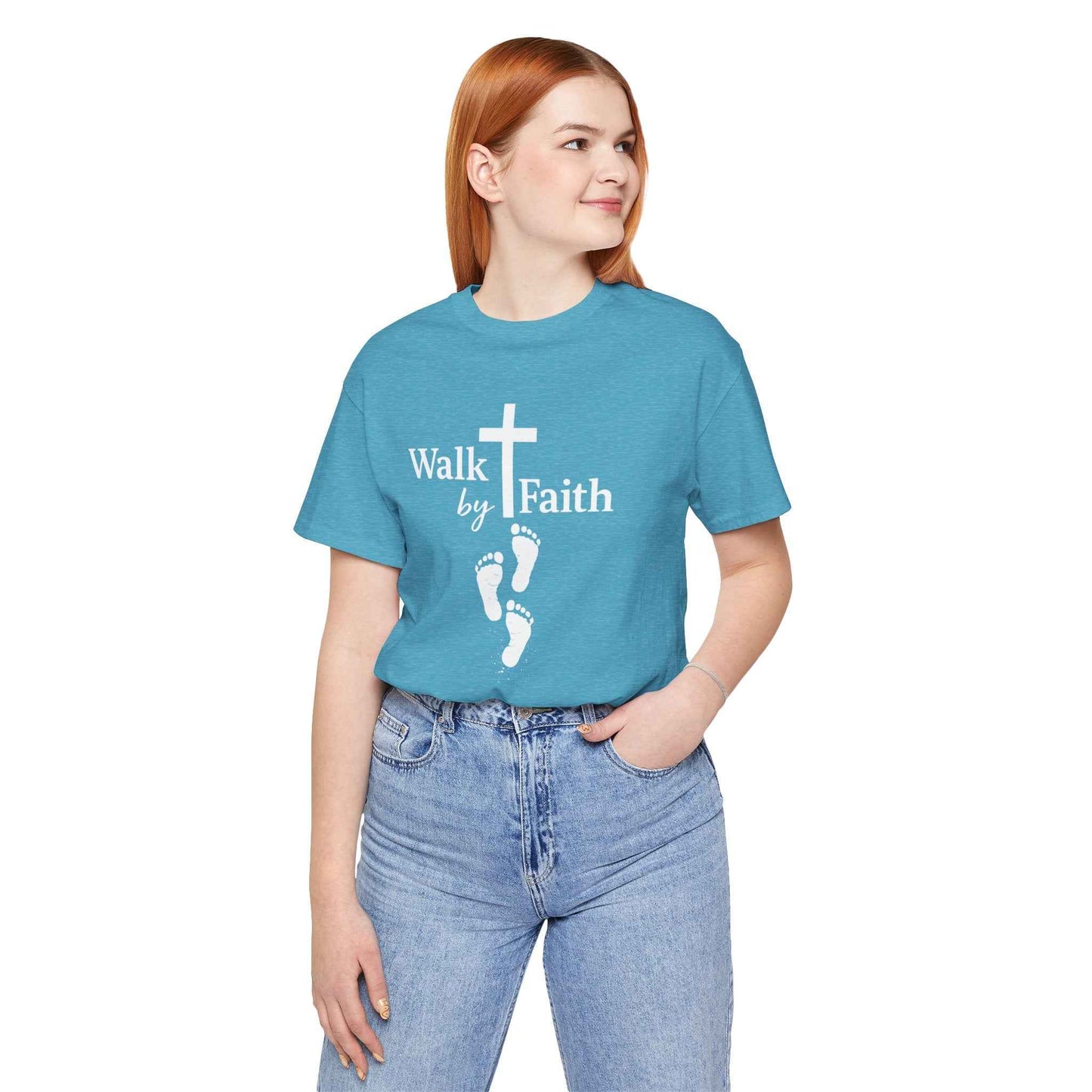 Walk by Faith T-Shirt - Christian Cross Design with Footprints Faith Tee