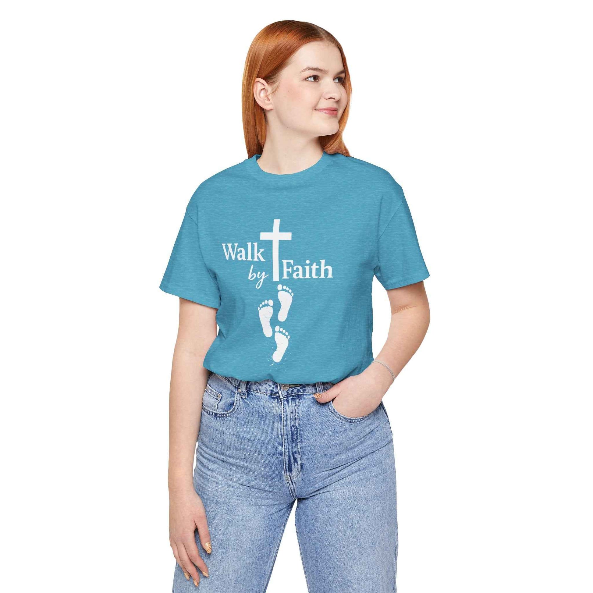 Walk by Faith T-Shirt - Christian Cross Design with Footprints Faith Tee
