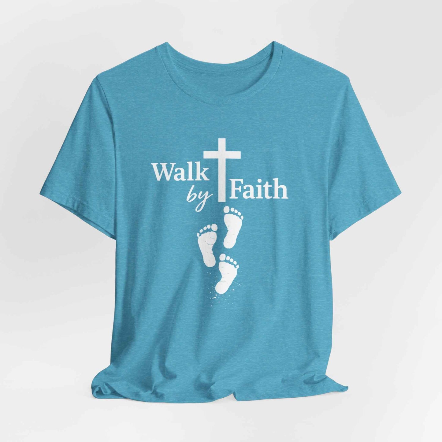 Walk by Faith T-Shirt - Christian Cross Design with Footprints Faith Tee
