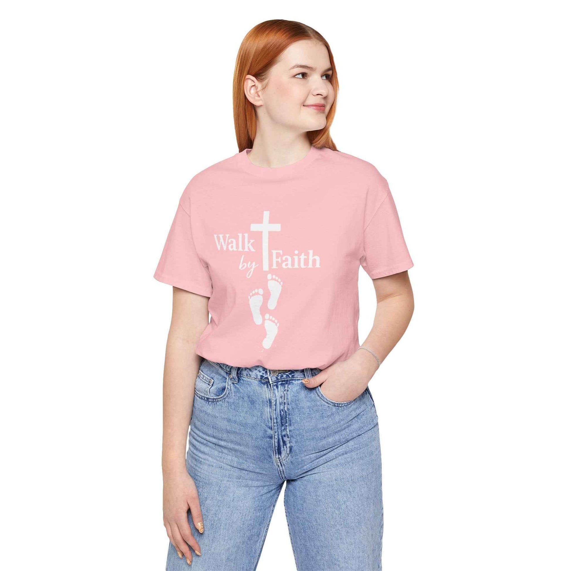 Walk by Faith T-Shirt - Christian Cross Design with Footprints Faith Tee