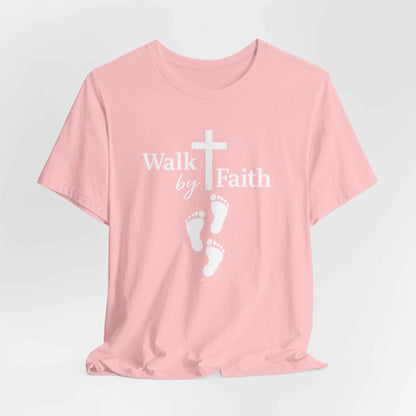 Walk by Faith T-Shirt - Christian Cross Design with Footprints Faith Tee