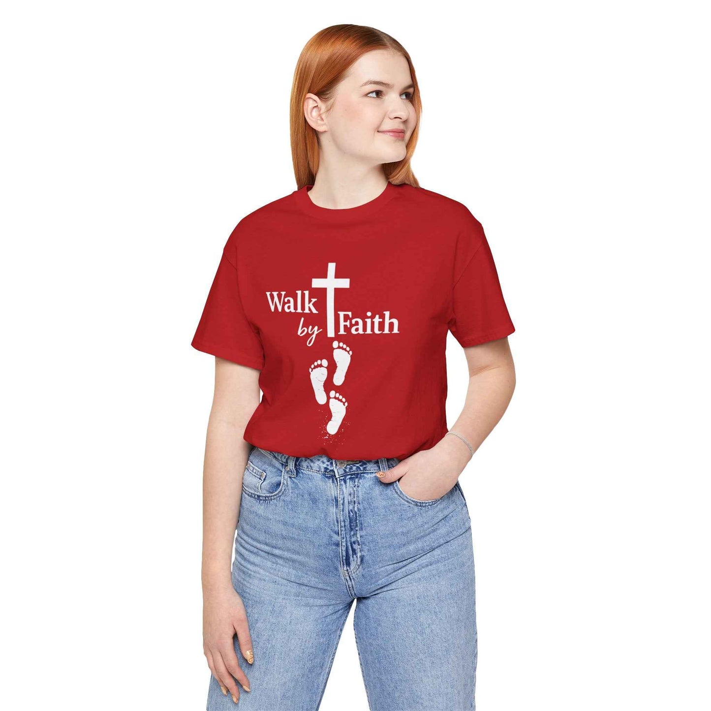 Walk by Faith T-Shirt - Christian Cross Design with Footprints Faith Tee