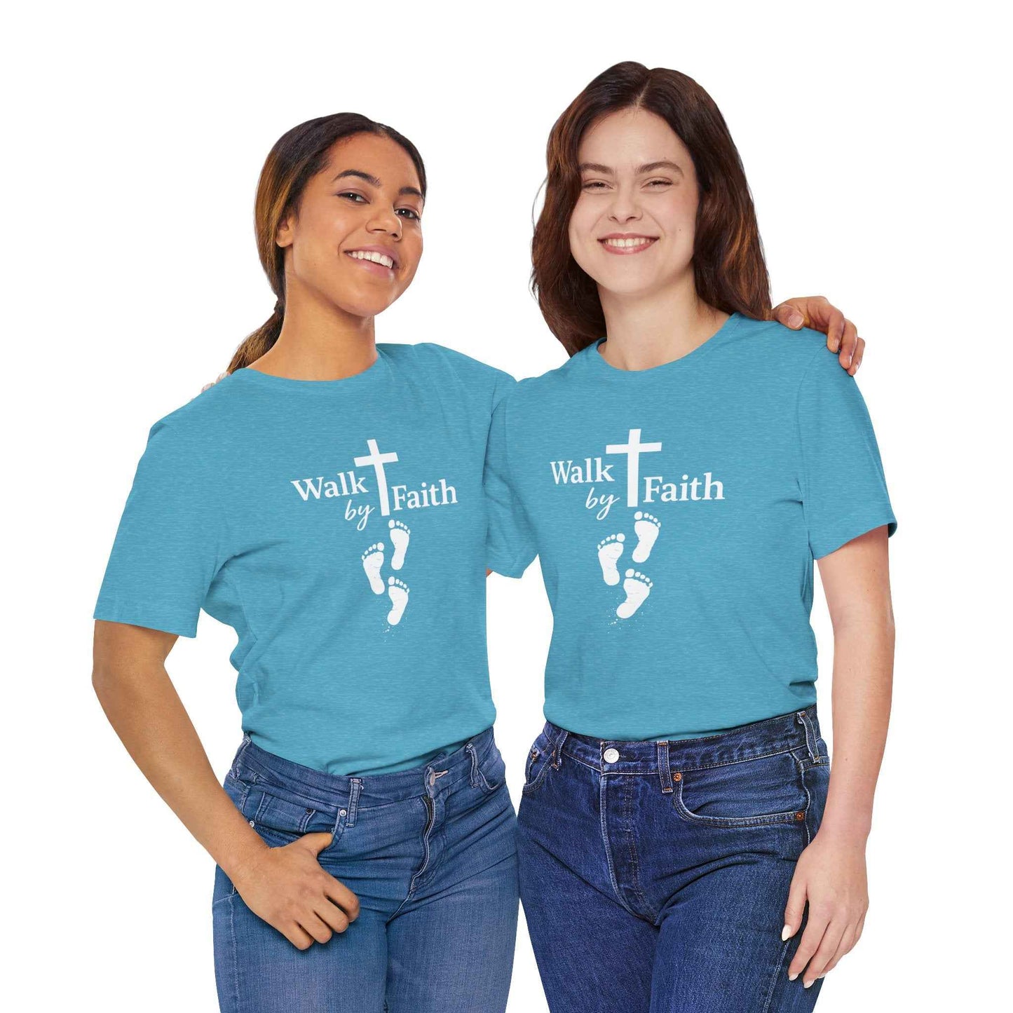 Walk by Faith T-Shirt - Christian Cross Design with Footprints Faith Tee