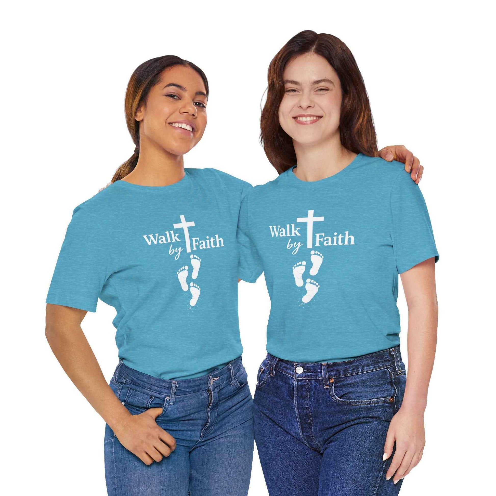 Walk by Faith T-Shirt - Christian Cross Design with Footprints Faith Tee