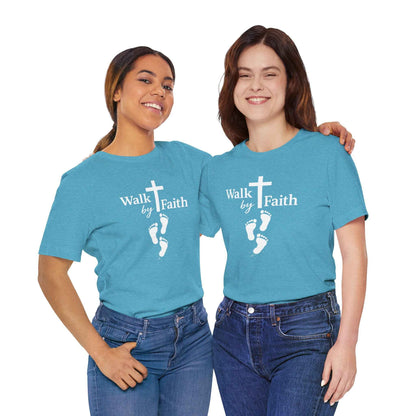 Walk by Faith T-Shirt - Christian Cross Design with Footprints Faith Tee