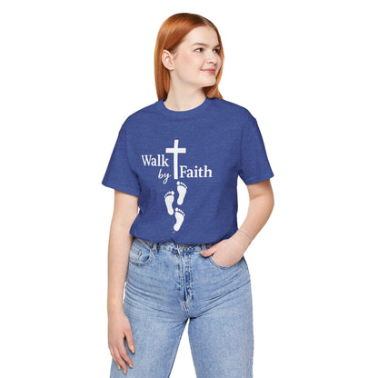 Walk by Faith T-Shirt - Christian Cross Design with Footprints Faith Tee
