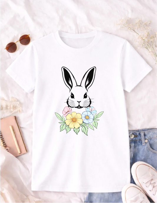Bunny Floral Easter T-shirt - Cute Spring Graphic Tee for Kids and Adults