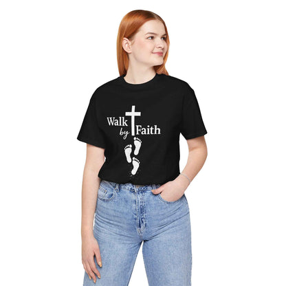 Walk by Faith T-Shirt - Christian Cross Design with Footprints Faith Tee