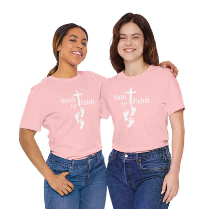 Walk by Faith T-Shirt - Christian Cross Design with Footprints Faith Tee