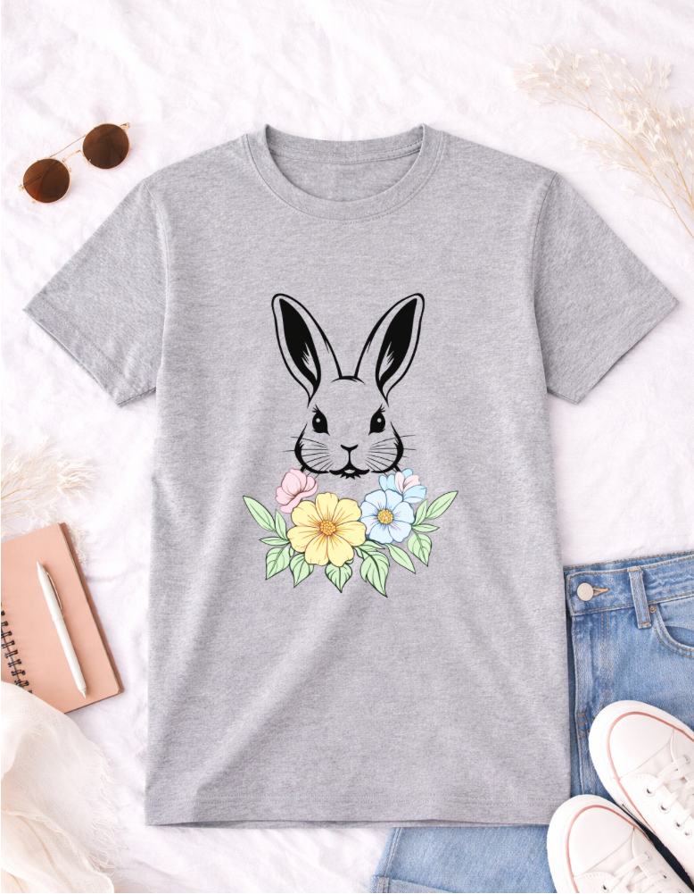Bunny Floral Easter T-shirt - Cute Spring Graphic Tee for Kids and Adults