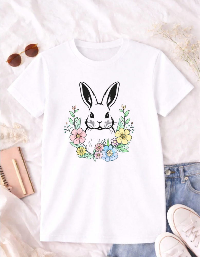 Bunny Easter T-shirt with Floral Design for Festive Celebrations
