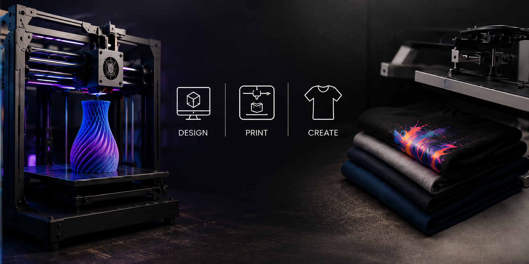 3D printer with a printed object, icons for design, print, and create, and folded fabric with colorful patterns.