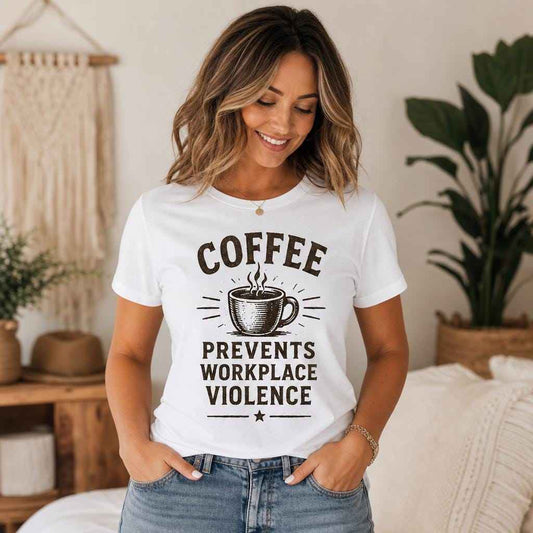 Coffee Prevents Workplace Violence Shirt, Funny Coffee Lover Tee, Office Humor Graphic T-Shirt, Sarcastic Coworker Gift