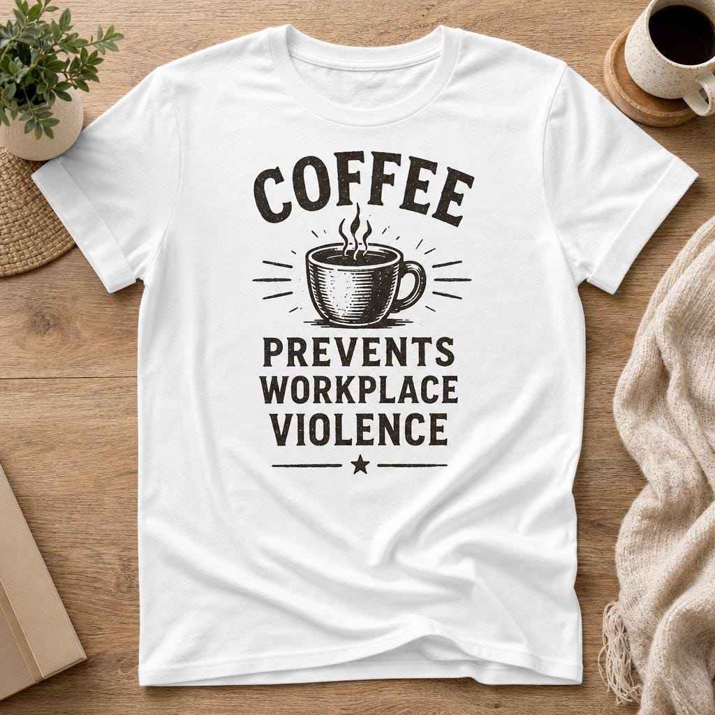 Coffee Prevents Workplace Violence Shirt, Funny Coffee Lover Tee, Office Humor Graphic T-Shirt, Sarcastic Coworker Gift