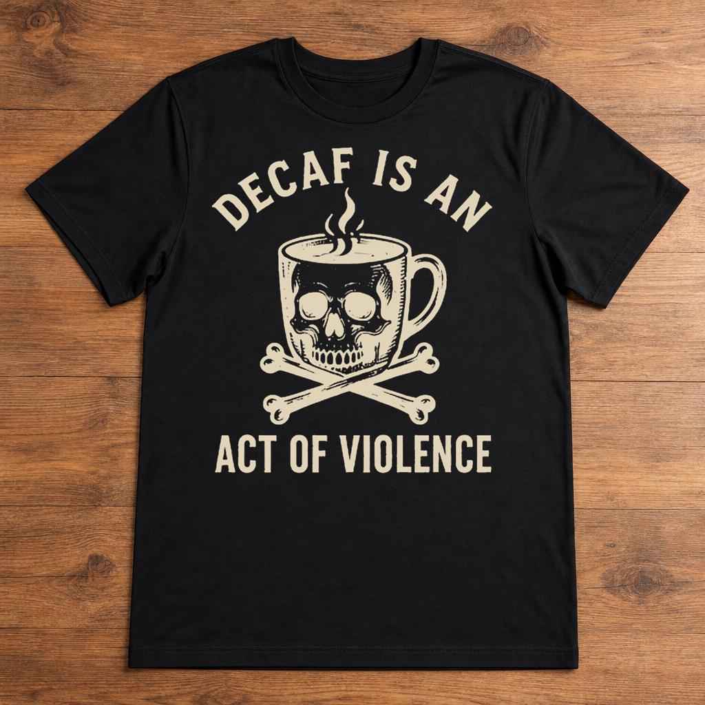 Decaf Is an Act of Violence Shirt, Funny Coffee Lover Tee, Skull Coffee Graphic T-Shirt, Sarcastic Coworker Gift