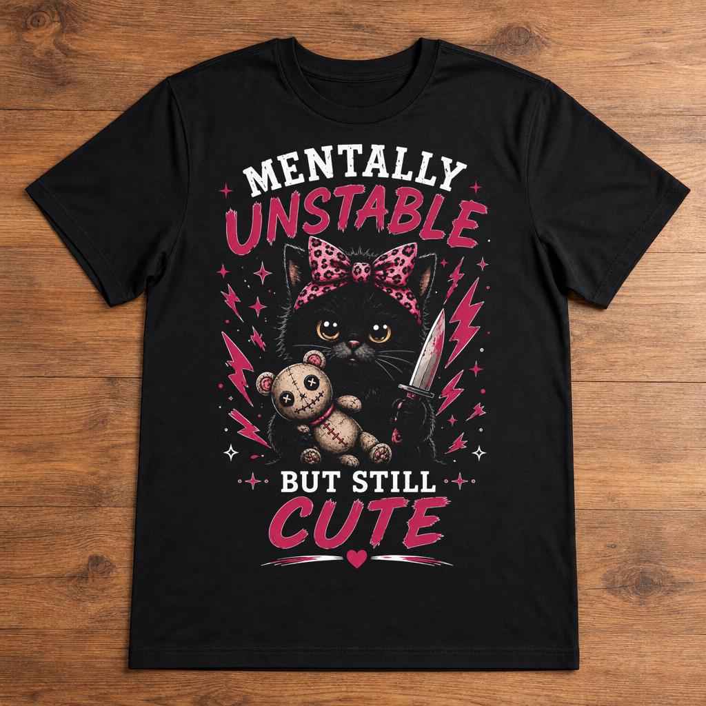 Funny Black Cat Graphic Tee, Mentally Unstable But Still, Sarcastic Cat Lover Gift