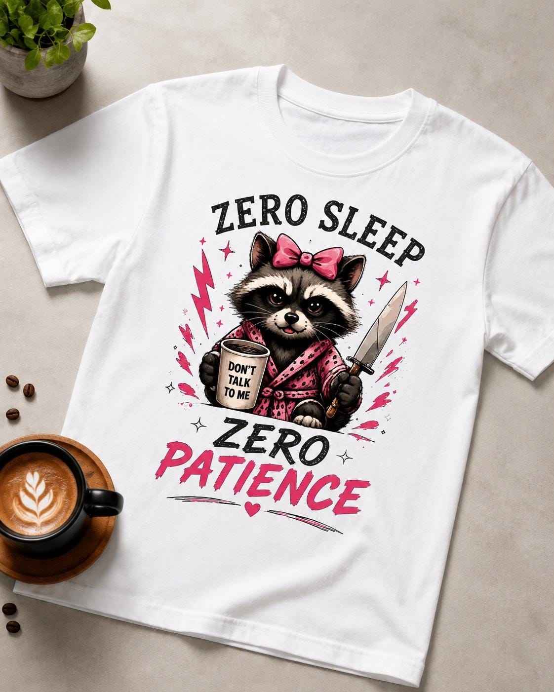 Zero Sleep Zero Patience Shirt Funny Raccoon Coffee Graphic Tee