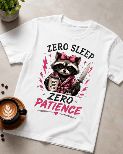 Zero Sleep Zero Patience Shirt Funny Raccoon Coffee Graphic Tee
