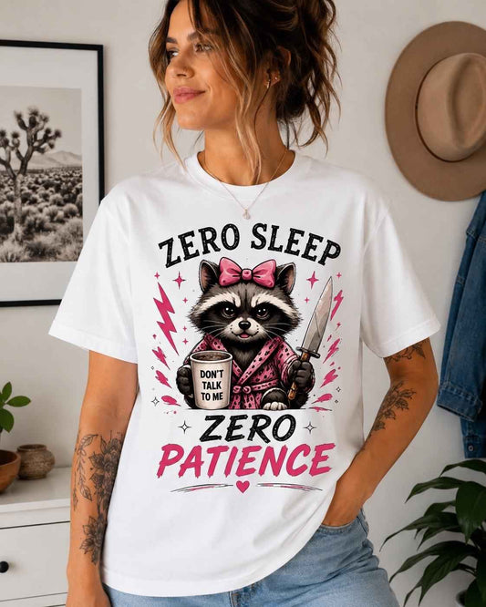 Zero Sleep Zero Patience Shirt Funny Raccoon Coffee Graphic Tee