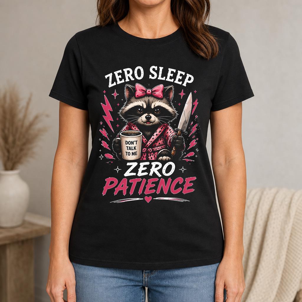 Zero Sleep Zero Patience Shirt Funny Raccoon Coffee Graphic Tee