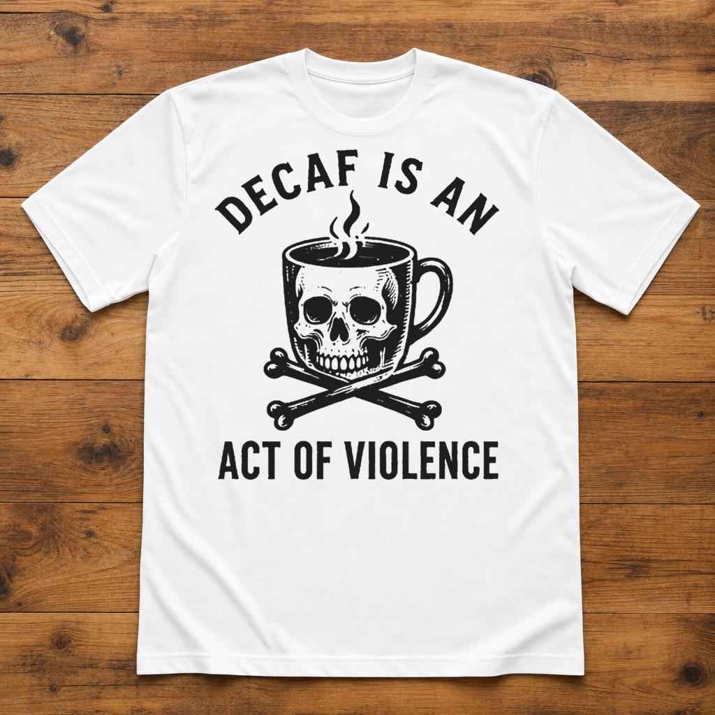 Decaf Is an Act of Violence Shirt, Funny Coffee Lover Tee, Skull Coffee Graphic T-Shirt, Sarcastic Coworker Gift