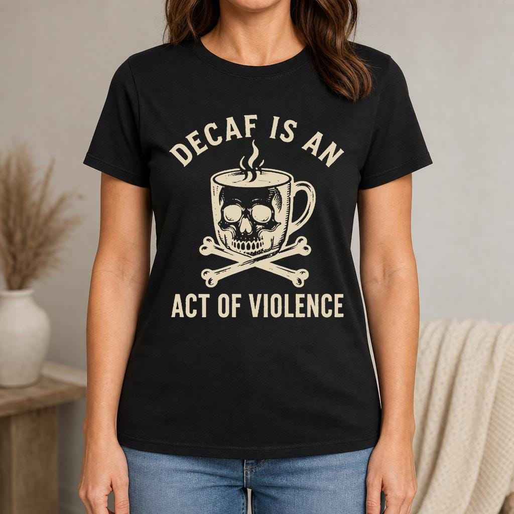 Decaf Is an Act of Violence Shirt, Funny Coffee Lover Tee, Skull Coffee Graphic T-Shirt, Sarcastic Coworker Gift